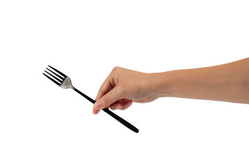 Hand and metal black fork on transparent background