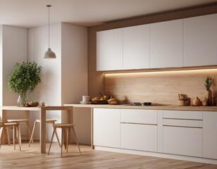 Modern Kitchen interior with empty blank wall for mockup template display. 3D Rendering