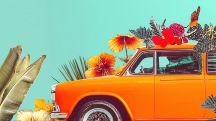 Colorful car with floral elements in summer scenery.