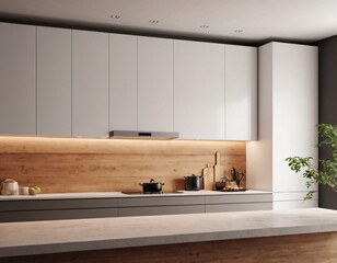 Modern Kitchen interior with empty blank wall for mockup template display. 3D Rendering