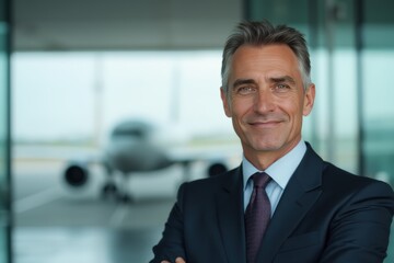 Obraz premium Head and shoulders Portrait of an elegant stylish Spanish 50 years old male flight attendant in uniform.