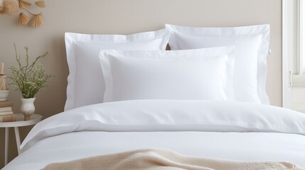 Luxurious white bedding set on cozy bed in bright minimalist bedroom interior