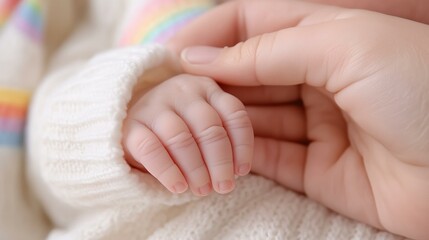 Tender moment: delicate baby hand cradled in gentle adult palm with soft knitted fabric