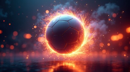 Fototapeta premium A glowing soccer ball surrounded by fiery effects, set against a dramatic, misty background, creating an intense and dynamic visual impact.