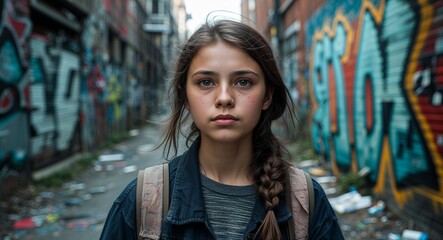 Naklejka premium Homeless young Caucasian girl in an alleyway with graffiti background portrait facing forward