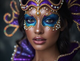 Striking woman with Mardi Gras makeup and a regal purple and gold headpiece.