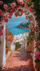 Fototapeta premium A white arch draped in pink roses frames a coastal path and town in southern Italy
