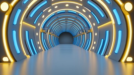 Fototapeta premium Futuristic Tunnel Featuring Glowing Blue And Yellow Lights With A Smooth Pathway