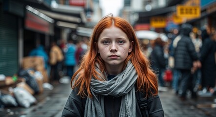 Homeless young redhead girl in a crowded sidewalk background portrait facing forward