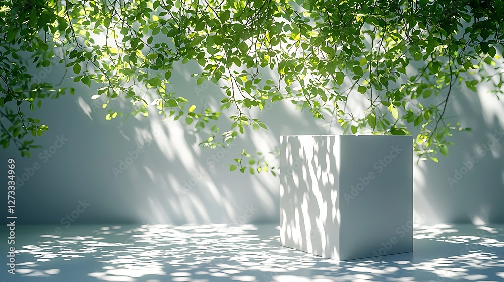 Poster Cube on display under leafy branches with sunlight, shadows in background, minimal showcase
