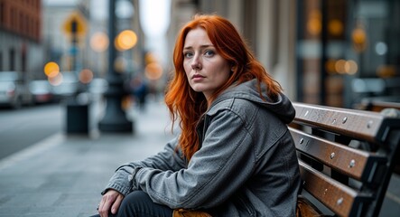Obraz premium Homeless young redhead woman in a city bench background portrait facing forward