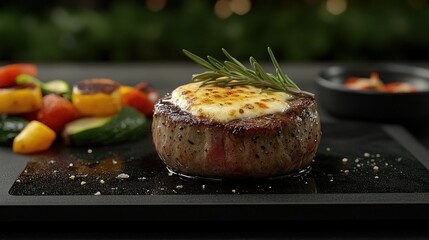 Grilled Steak with Melted Cheese, Roasted Vegetables, Restaurant Setting