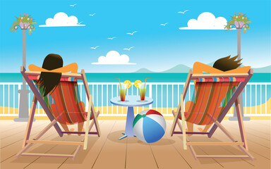 Young Couple Lying On deck chair At The Beach. vector