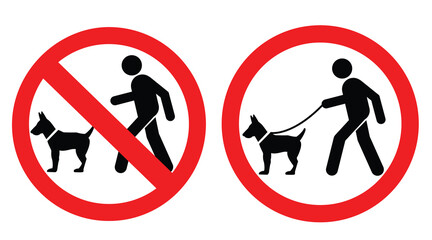 Walking with the dog, keep your dog on a leash. Cartoon walk with hound and lead icon. Pet on lead allowed only. Vector stick figure dog pictogram.