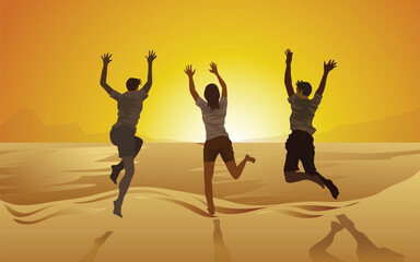 group of young people jumping on the beach with sunset background. vector