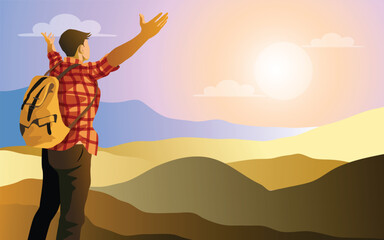 male tourist on gray mountain in autumn fog. vector