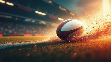 A dynamic close-up of a rugby ball rolling on the field, with dramatic lighting and motion effects capturing the excitement of the game.