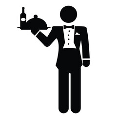 waiter in tuxedo holding serving tray with metal cloche and napkin vector icon. symbol