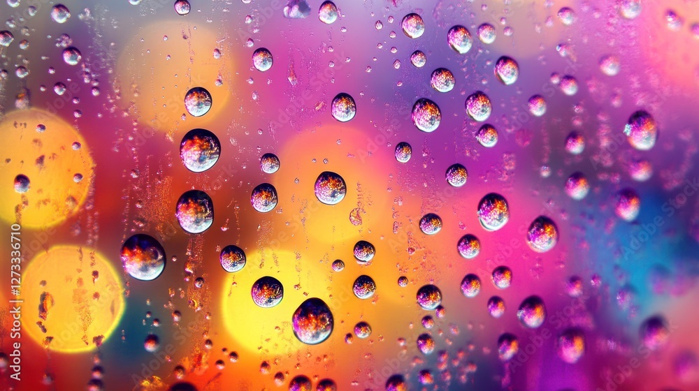Poster Reflections in water droplets against colorful blurred bokeh background