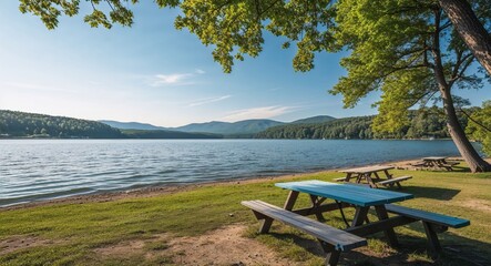 Quiet lakeshore with picnic tables under clear skies in summer gentle ripples on the water