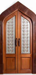 A beautifully crafted, ornate wooden door showcasing intricate designs and rich textures, inviting curiosity about what lies behind its sturdy frame and detailed carvings, The door is made of wood,
