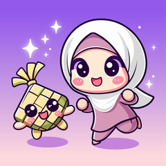 Cute Muslim Girl and Ketupat Kawaii Illustration