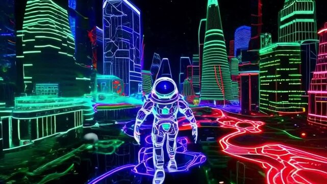 psychedelic sketch cartoon astronaut in the city. Crazy colorful background.