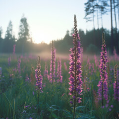 meadow with purple flowers in the rays of the setting sun, copy space