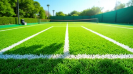 Obraz premium A vibrant tennis court with lush green grass and white lines, bathed in sunlight, invites players to enjoy a game.
