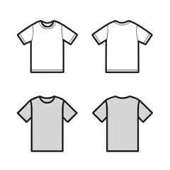 Technical Fashion Illustration for Sleeve T-Shirt Front and Back Short Sleeve T-Shirt Flat Sketch Vector Raglan T-Shirt Mockup Template. Front and back side T-Shirt mockups.