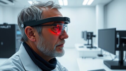 Augmented reality lab worker. Scientist in white coat using AR headset with red interface projection in modern laboratory setting.