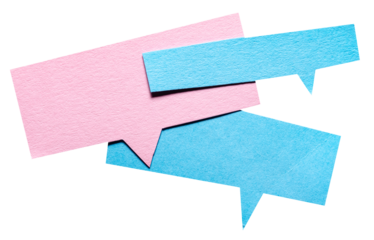 Pink blue blank cut out cardboard paper speech bubbles with rough edges and copy space for text on transparent png background conversation discussion design element
