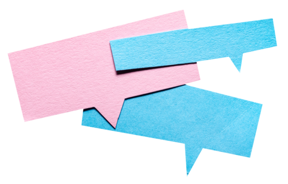 Pink blue blank cut out cardboard paper speech bubbles with rough edges and copy space for text on transparent png background conversation discussion design element