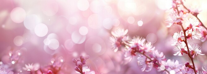 Pink cherry flowers on pink blurred backgrond. Amazing close-up of spring blossom. Perfect romantic lovely scene arousing happiness. Business advertisement materials. with copy space