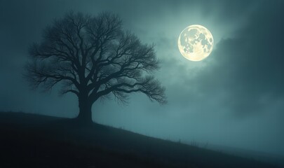 Fototapeta premium A hauntingly beautiful scene with a solitary tree silhouetted against a glowing full moon, creating a mysterious and atmospheric landscape.