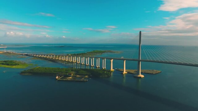 4K Aerial Perspective Cebu Cordova Bridge, Philippines.
Cebu-Cordova Link Expressway, a modern engineering marvel connecting Cebu Island and Mactan Island in the Philippines