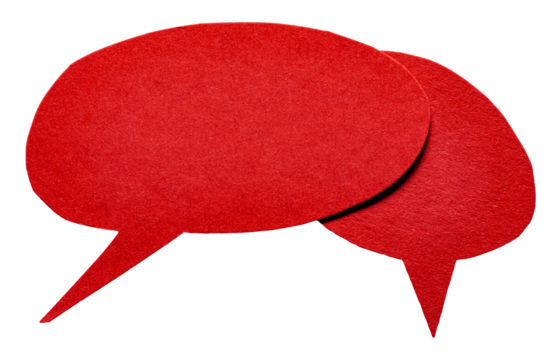 Red blank cut out cardboard paper speech bubbles with rough edges and copy space for text on transparent png background conversation discussion design element