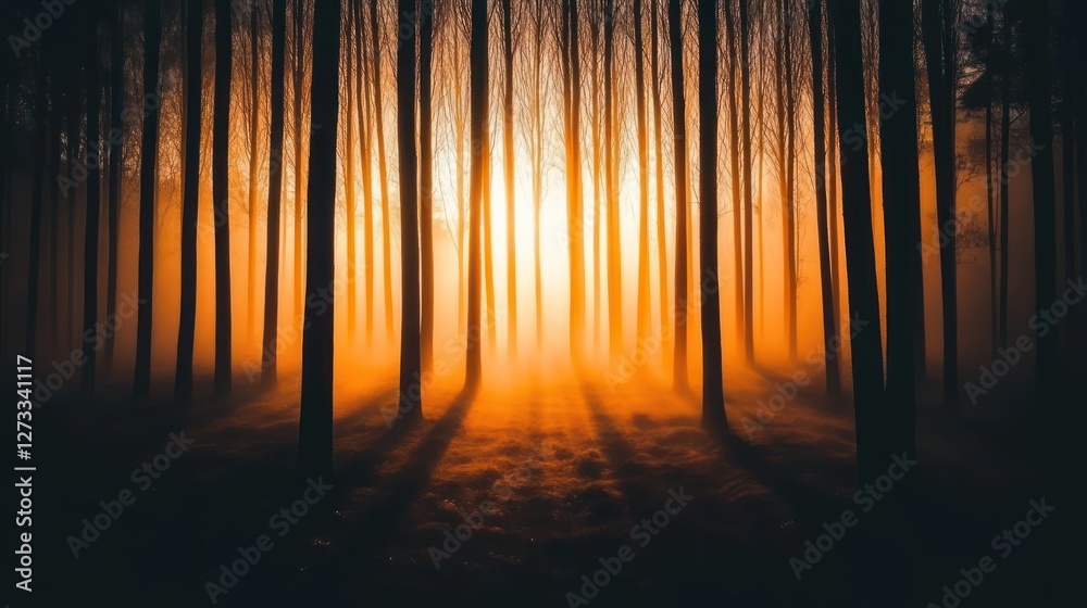 Poster Ethereal light shines through trees creating a mesmerizing forest scene