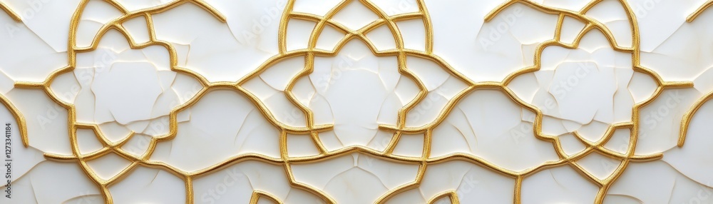 Poster ornate white patterned wall with golden decorative lines in sequence