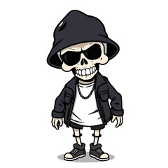 a skull emoji wearing a black hat, sunglasses, and a leather jacket.