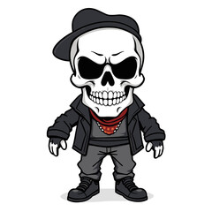 a skull emoji wearing a hat, jacket, and scarf.