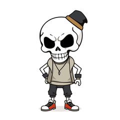 a skull emoji wearing a hat, a vest, and sneakers.
