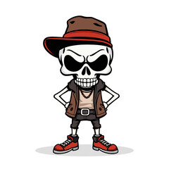 a skull emoji wearing a brown hat, red shoes, and a brown vest.