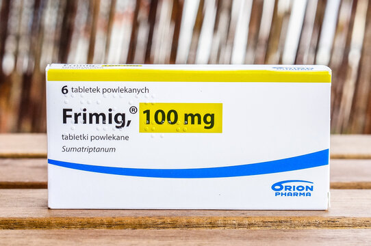 Closeup shot of the Polish Frimig brand sumatriptan pills against migraine in a box