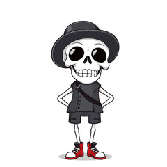 a skull emoji wearing a black hat, vest, and shoes, with a big smile on its face.