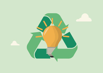 Sustainable Innovation Recycling Symbol with Lightbulb. recycling arrows with glowing lightbulb, representing sustainable innovation and eco-friendly ideas. Recycling energy. Vector illustration