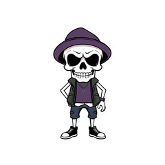 a skull emoji wearing a purple hat, a purple shirt, and black and white sneakers.