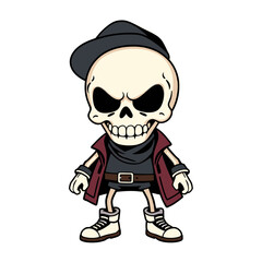 a skull emoji wearing a black hat, a red jacket, and white shoes.