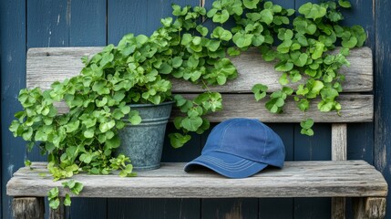 Green plant in pot on rustic wooden bench with blue hat