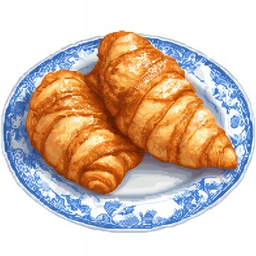 Golden-Brown Croissants on Decorative Blue and White Plate Showcasing Flaky Texture